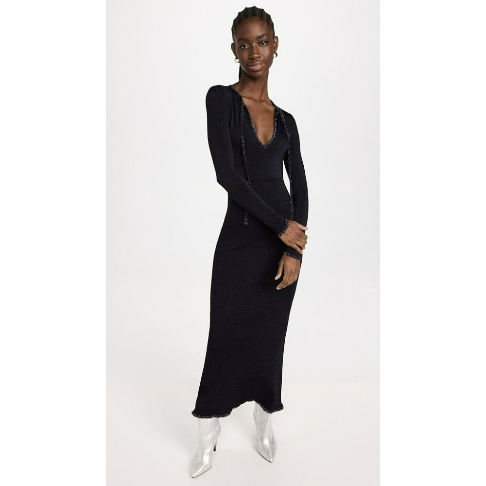 NEW JoosTricot Lurex Long Midi Tie Dress Navy Black Tinsel Bow - Picture 3 of 4